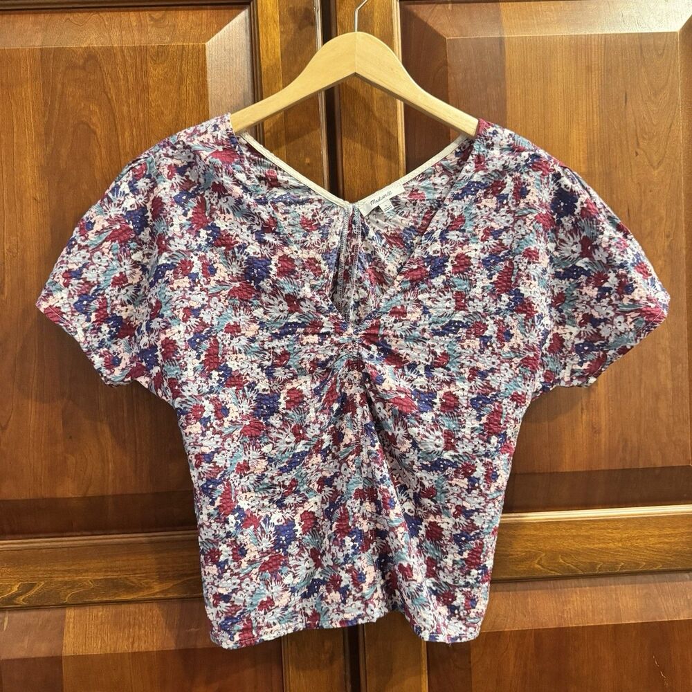 Madewell Floral Seersucker Short Sleeve Top Ruched Front Side Zip Size 6 - Picture 10 of 10